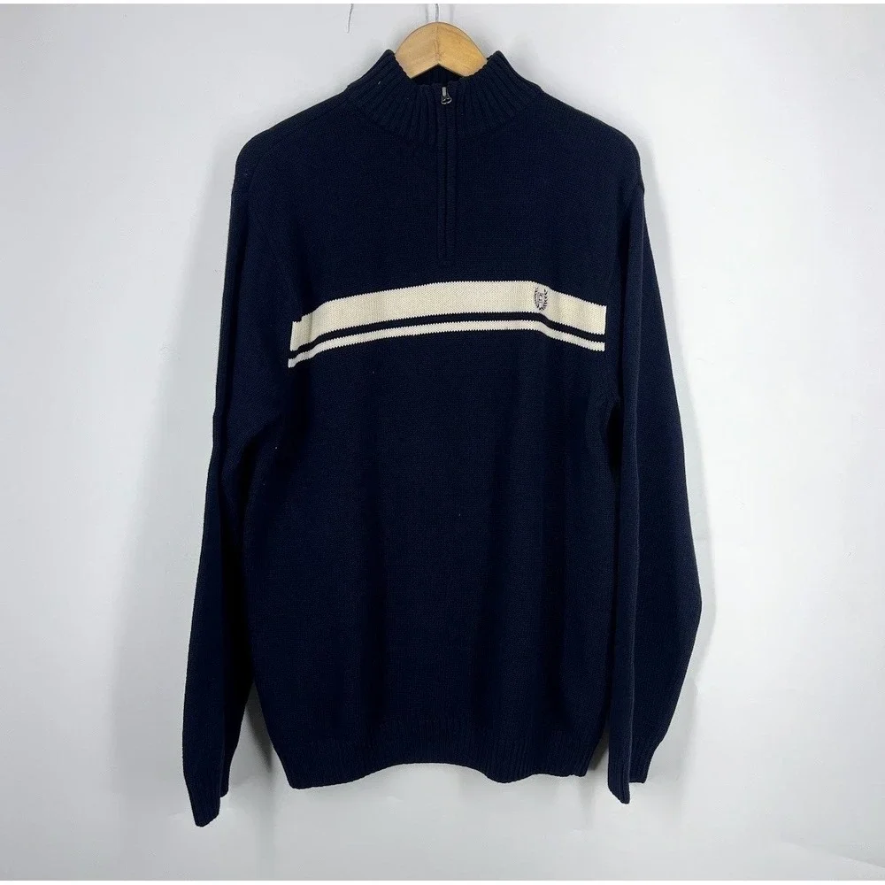 Chaps Mens Quarter Zip Sweater Navy Blue White Stripe Cotton Knit Size M NWT